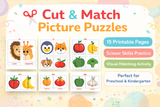 Cut & Match Picture Puzzles – Animals, Fruits & Vegetables | 15 Printable Preschool Scissor Skills & Visual Matching Worksheets