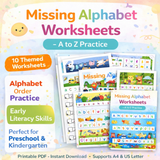Missing Alphabet Worksheets Printable PDF – A to Z Practice for Preschool & Kindergarten (10 Themed Pages)