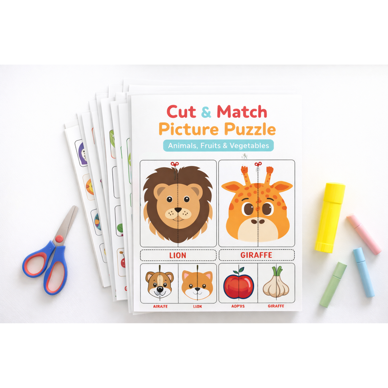 Cut & Match Picture Puzzles – Animals, Fruits & Vegetables | 15 Printable Preschool Scissor Skills & Visual Matching Worksheets