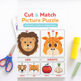 Cut & Match Picture Puzzles – Animals, Fruits & Vegetables | 15 Printable Preschool Scissor Skills & Visual Matching Worksheets